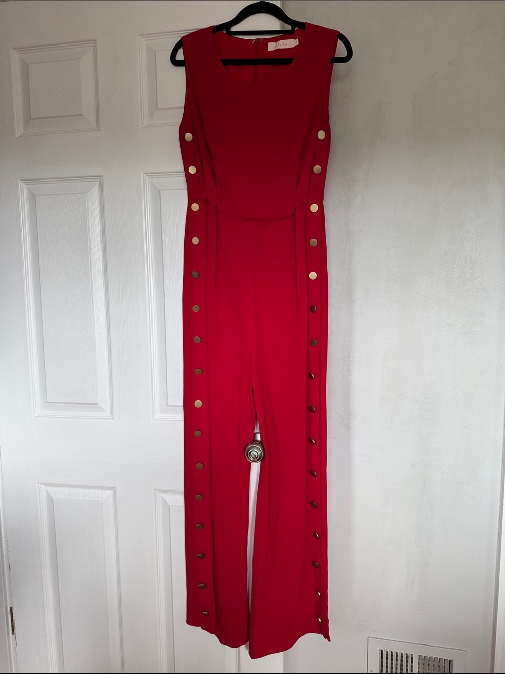 Sleeveless Red Wide-Leg Jumpsuit with Gold Buttons